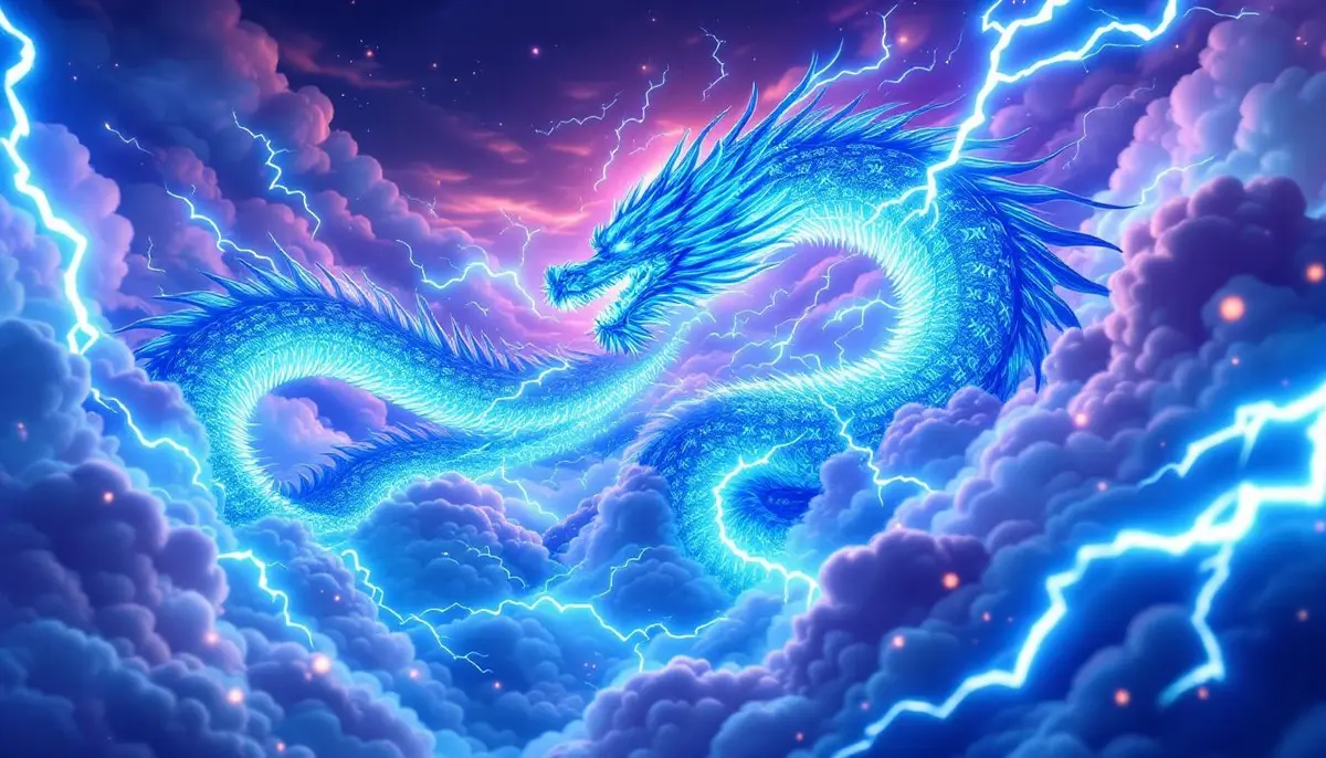 XRPの価格高騰を象徴する、天に昇る青い龍の未来的なイラスト