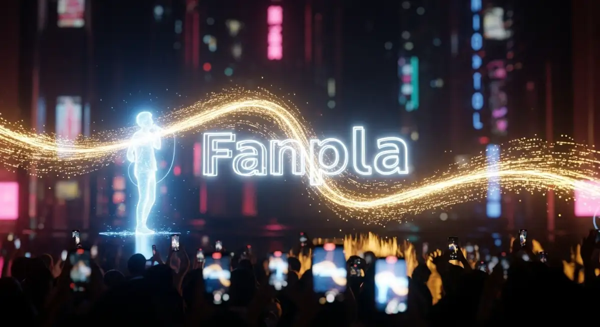 メタバース空間でコンサートを開催するアーティストとFanplaのロゴ