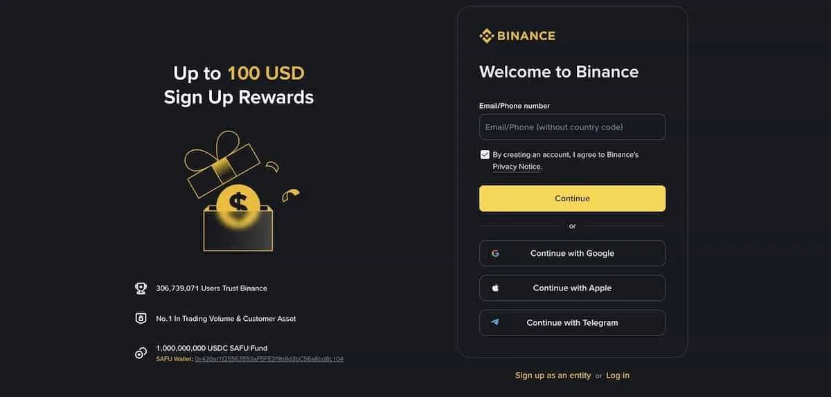 Binanceの登録画面