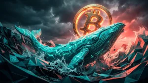 巨大なクジラがビットコインを下から押し上げる象徴的な画像