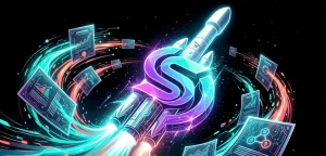 ソラナのロゴとスペースXのロケットが融合し、株式がトークン化される様子