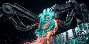 ビットコインのロゴが機械的なレバーで引き下げられ、マイニング難易度の低下とAIへの移行を表現した画像