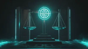 法案支持を象徴する天秤と仮想通貨のグラフィック