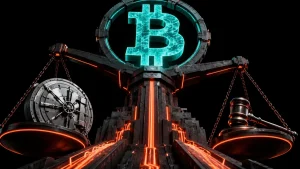 天秤に乗ったビットコインと規制の法案、FRBの金利政策を象徴する画像