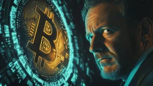 ビットコインを大量取得するマイケル・セイラー氏と巨大なロゴのグラフィック