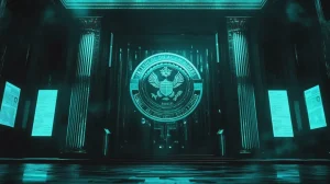 ナイジェリア上院の建物と仮想通貨ライセンスの象徴的な画像