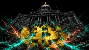 ニューハンプシャー州議事堂に押し潰されるビットコインロゴ、否決された債券案の象徴