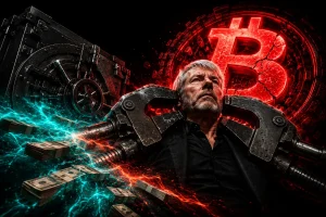 マイケル・セイラー氏とビットコインの購入見送りを象徴する画像