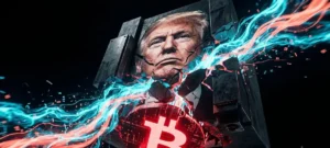 トランプ氏の肖像とビットコインが巨額損失で崩壊するイメージ