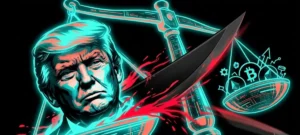 トランプ氏の肖像と分断される予測市場の天秤、事業縮小を象徴するグラフィック
