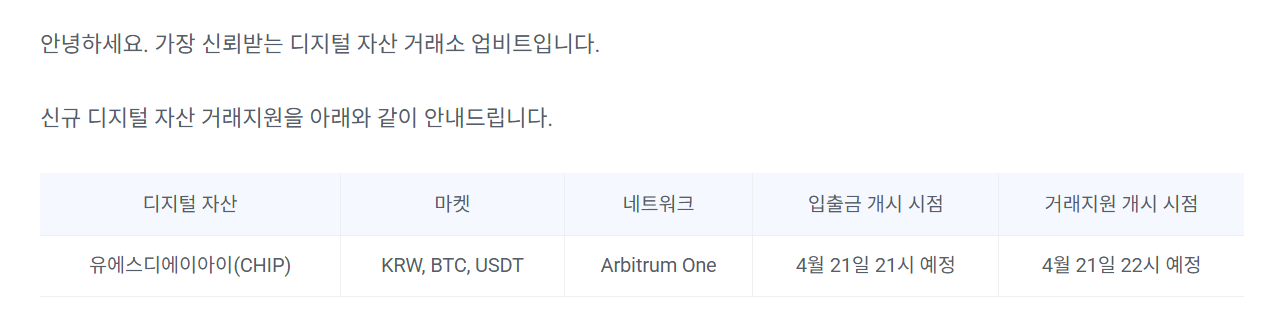 CHIP 코인, 업비트 상장 공지