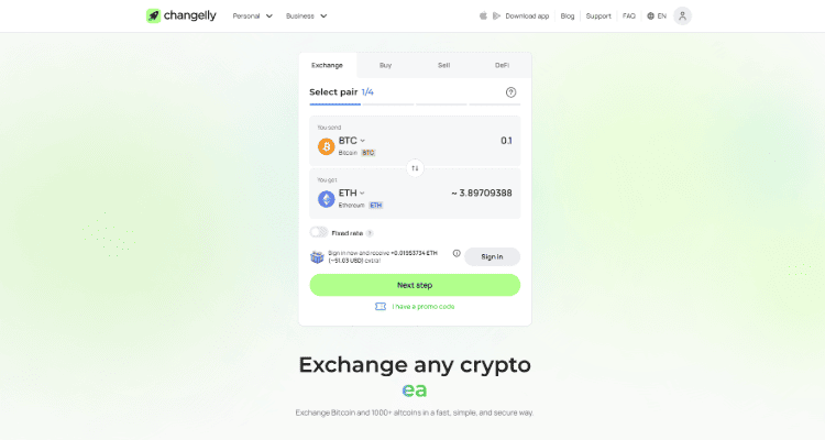5. Changelly - leidžia greitai palyginti skirtingų kriptovaliutų kainas ir iš karto jas konvertuoti be sudėtingų registracijos procesų