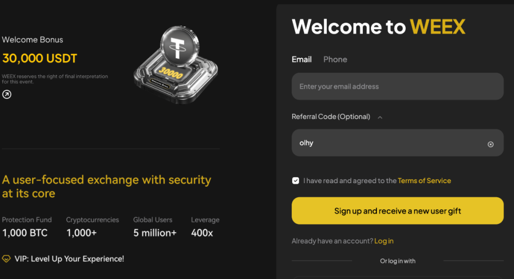 9. WEEX – kriptovaliutų keitykla su iki 30 000 USDT premijomis ir 400x svertu