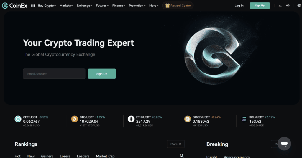 5. CoinEx – saugi ir lanksti platforma norintiems greitai įsigyti Bitcoin