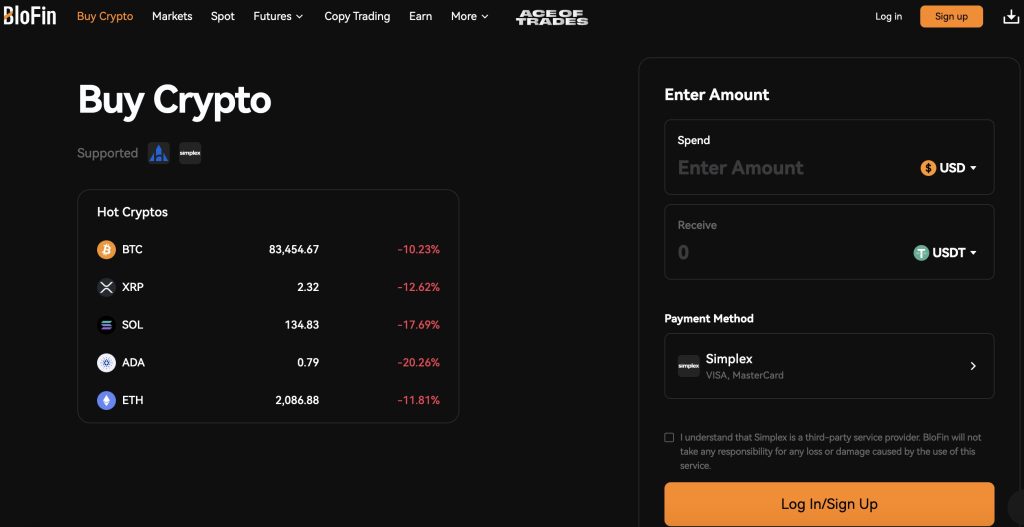 BloFin - iegādājies BTC un ETH ar kredīt/ debetkarti