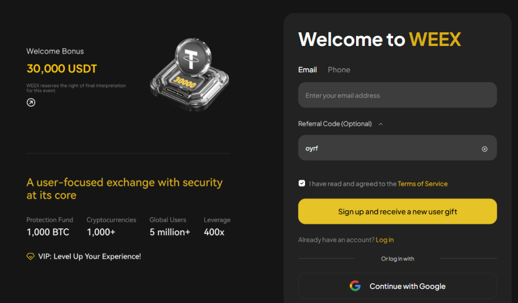 9. WEEX – kriptovalūtu birža ar līdz pat 30 000 USDT bonusu un 400x sviras efektu