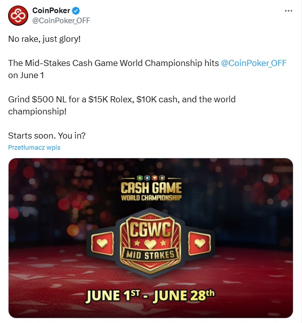 CoinPoker Mid-Stakes Cash Game World Championship status