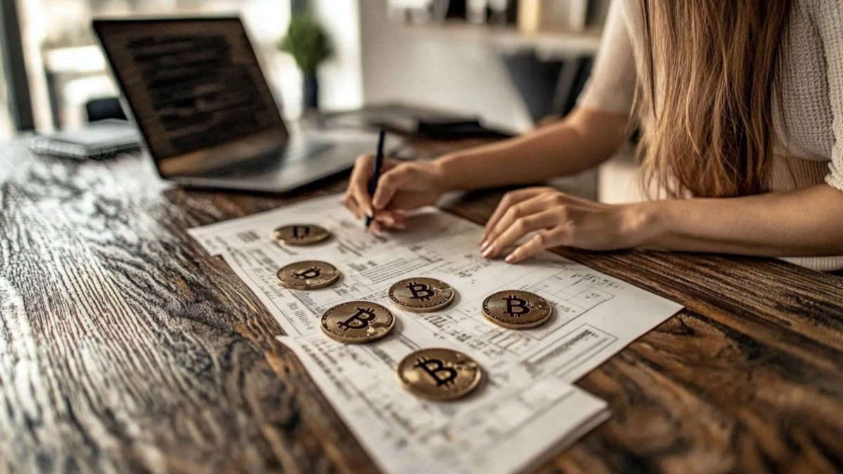 Vrouw en bitcoinmunten op tafel