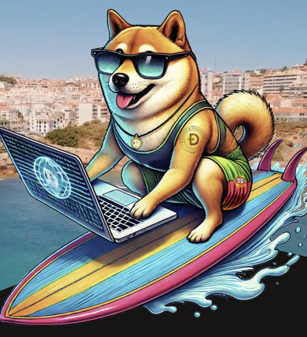 Dogecoin op een surfplank
