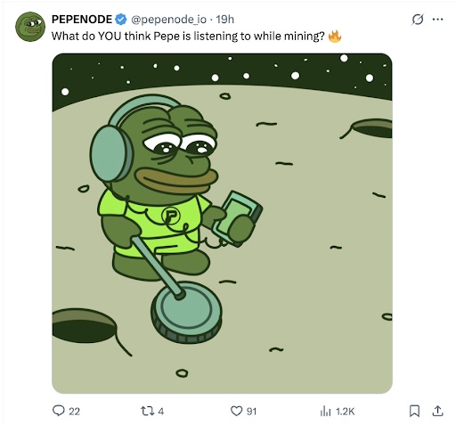 Pepe luistert naar muziek tijdens het mijnen