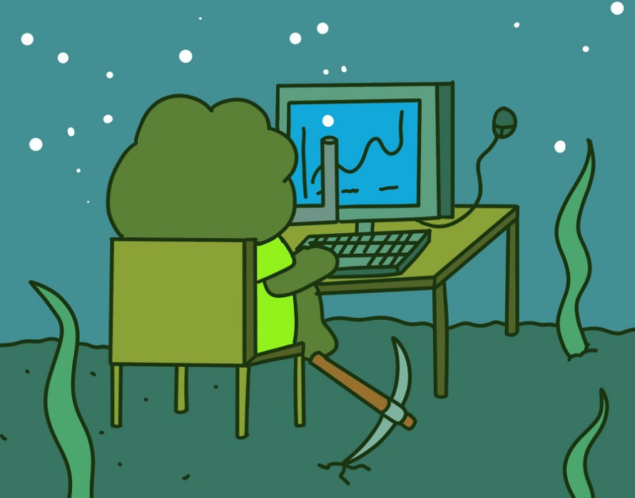 Pepenode Pepe gebruikt de computer