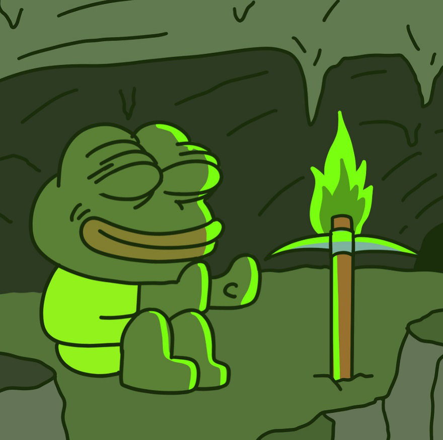 Pepenode Pepe warmt zich bij het vuur
