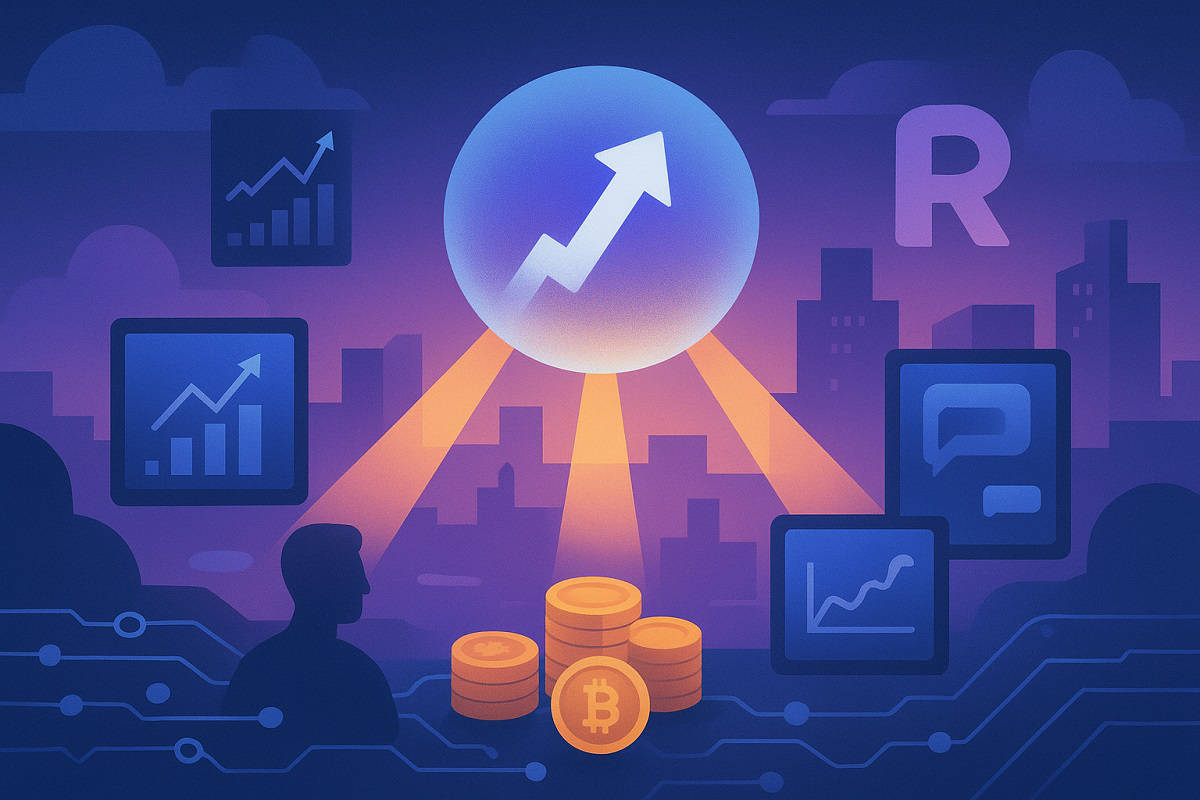 Futuristische illustratie die de groeiende rol van prediction markets in de crypto-economie weergeeft