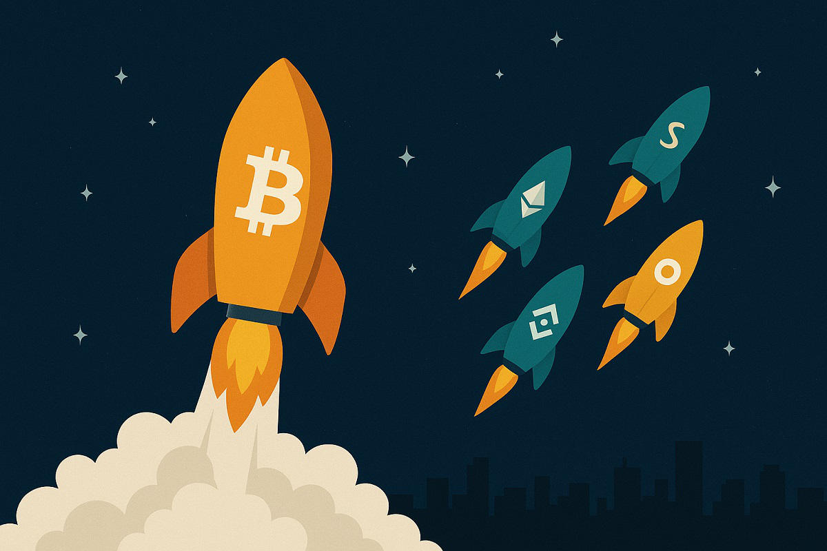 Raketten met cryptovalutalogo's