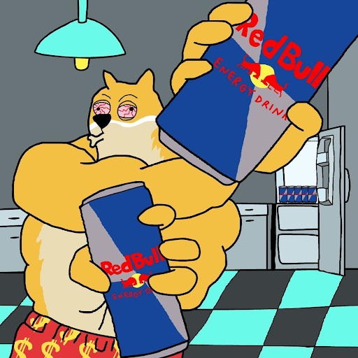 Maxi Doge met blikjes Red Bull