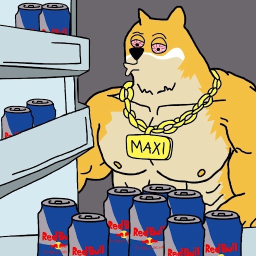 Maxi doge opent de koelkast met energiedrankjes