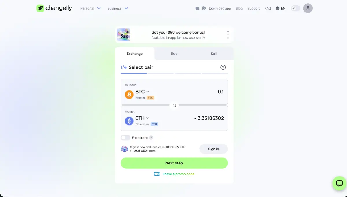 Changelly No KYC Crypto Exchange website.