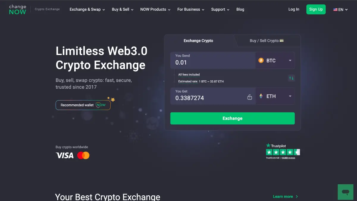 ChangeNow No KYC crypto exchange website.