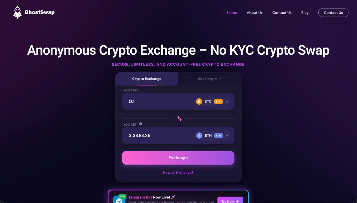 Ghostswap No KYC Crypto Exchange website.
