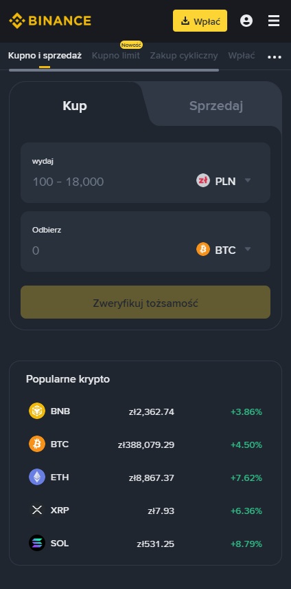 kup Bitcoin Binance