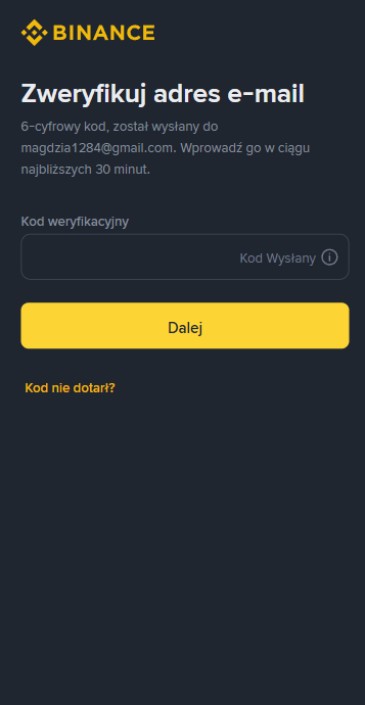 zweryfikuj adres e-mail Binance