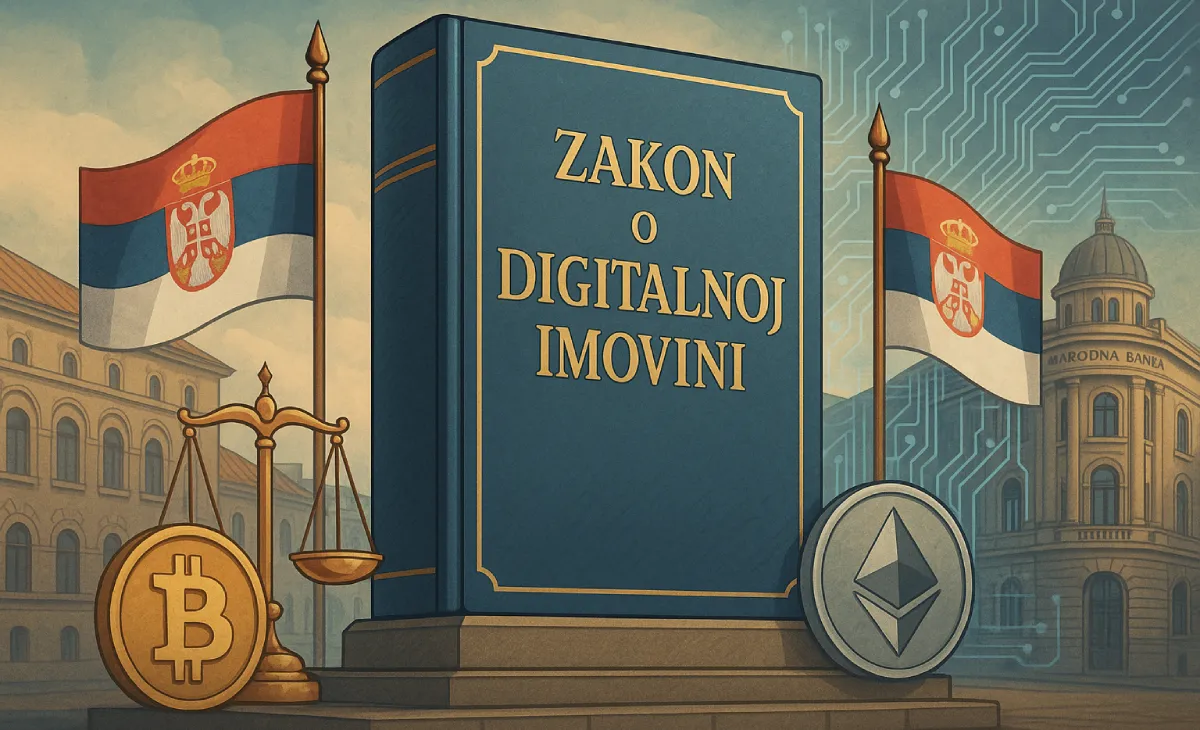 Zakon o digitalnoj imovini – simbolična ilustracija zakonske regulative kriptovaluta u Srbiji uz prikaz Narodne banke i kripto simbola
