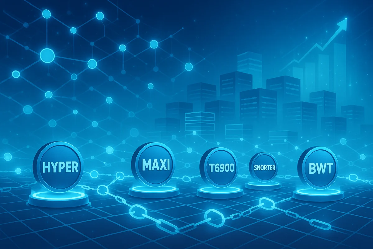Vizuelni prikaz top staking kriptovaluta 2025 – HYPER, Maxi Doge, TOKEN6900, Snorter i Best Wallet Token u decentralizovanom Web3 pejzažu