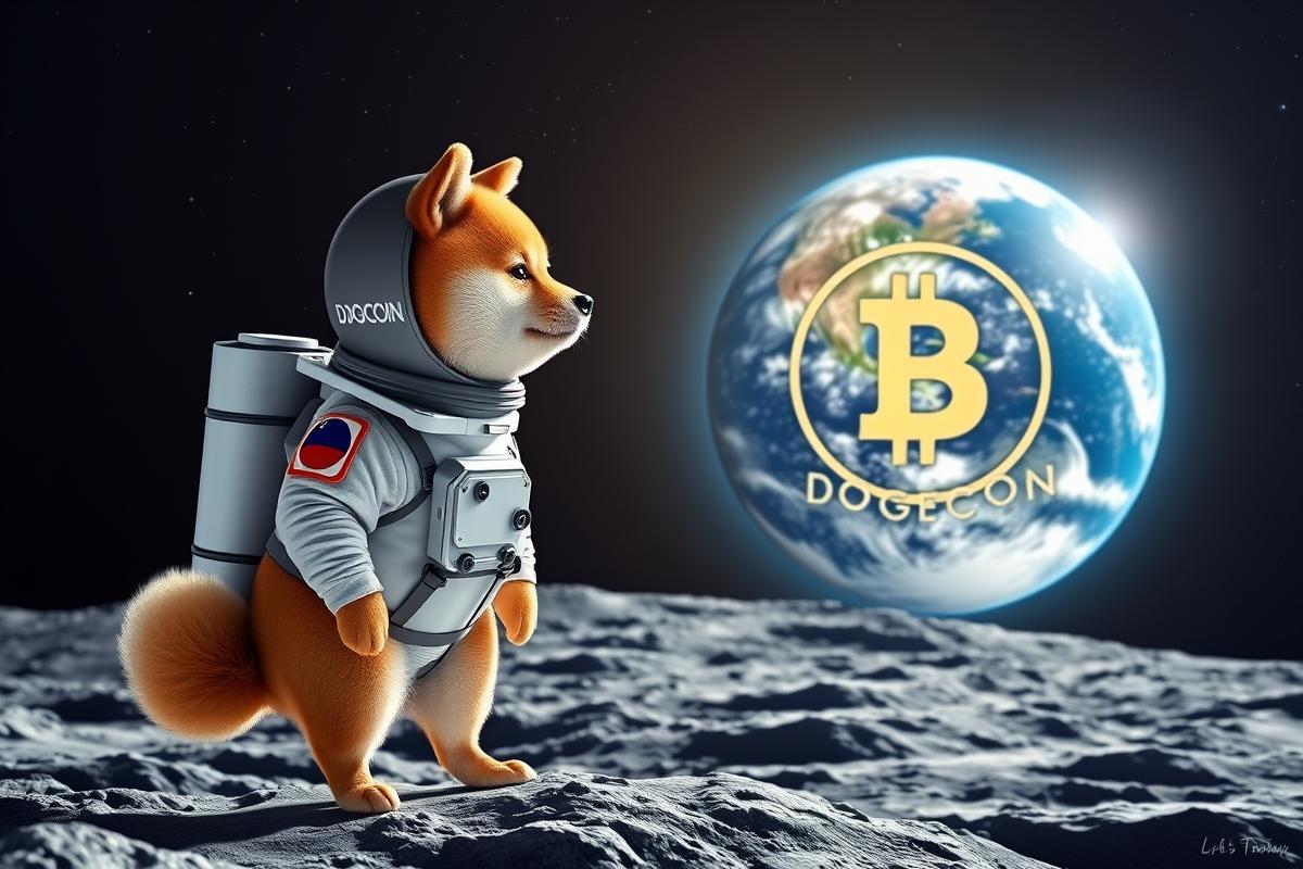 ภาพจำลอง Dogecoin กำลังทะยานขึ้นสู่ท้องฟ้า, แสดงถึงการเติบโตของราคา Dogecoin