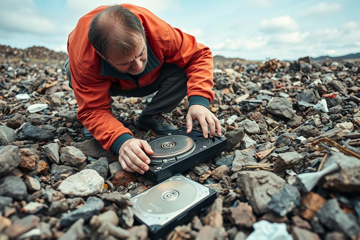 Man searching for Bitcoin hard drive in landfill