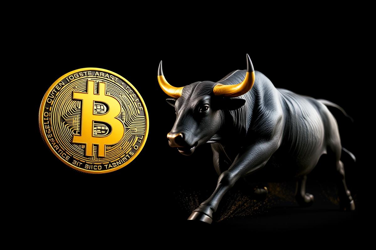 รูปภาพกระทิงพุ่งเข้าหาโลโก้ Bitcoin แสดงถึงศักยภาพการเติบโตของ BTC Bull Token