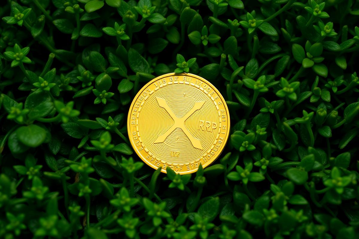 เหรียญ XRP สีทองวางอยู่บนพื้นหลังสีเขียว แสดงถึงการเติบโตและโอกาสในการลงทุนใน XRP