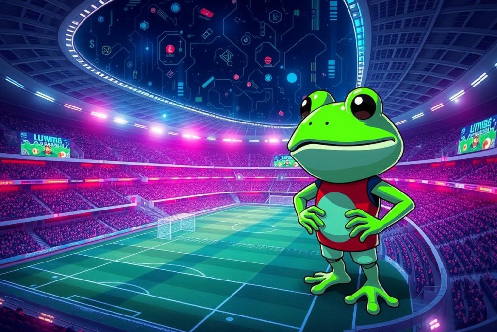 ภาพแสดงสนามฟุตบอลแห่งอนาคตที่ผสานรวมกับเทคโนโลยีบล็อกเชน พร้อมมาสคอต Pepe เพื่อสื่อถึง Fantasy Premier League