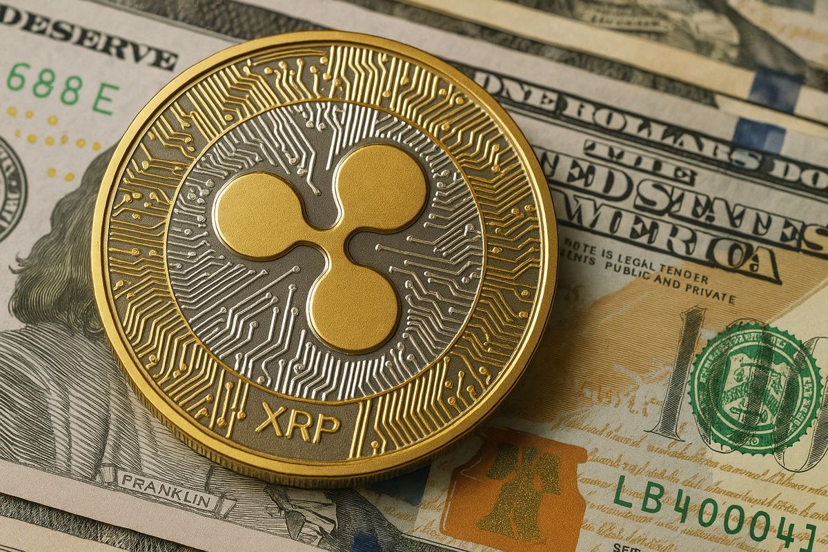 A close-up image of a physical Ripple (XRP) coin featuring gold and silver circuitry detail, placed