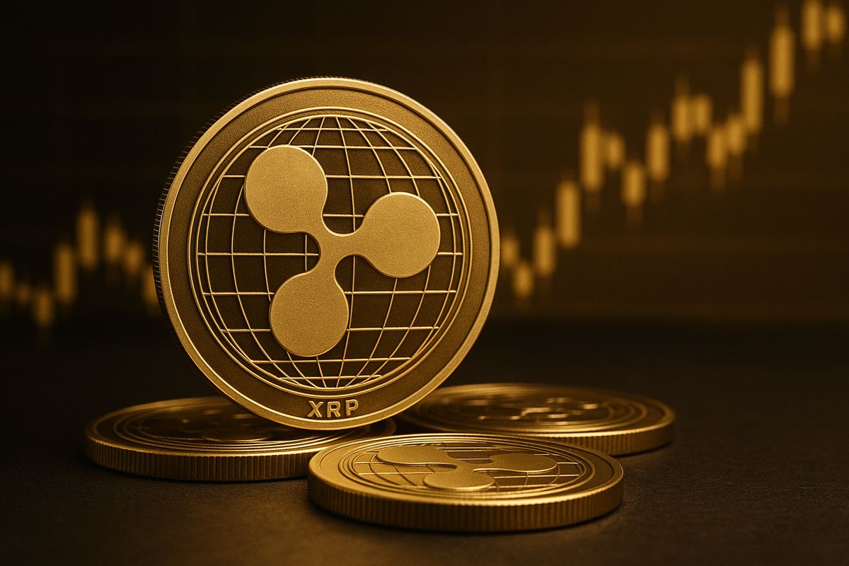 A close-up of a physical XRP (Ripple) coin standing upright on a dark surface, with additional XRP c