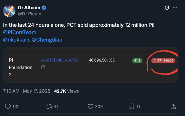 ภาพโพสต์ของ Dr Altcoin ที่แสดงถึงการโยกย้ายเหรียญ Pi Coin 12 ล้าน