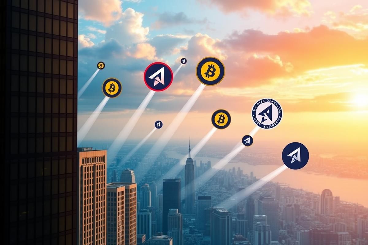 ภาพเมืองอนาคตที่มีโลโก้เหรียญ Altcoins ลอยอยู่บนฟ้า แสดงถึงการเติบโตและโอกาสในการลงทุนใน "เหรียญคริปโตใหม่ๆ"