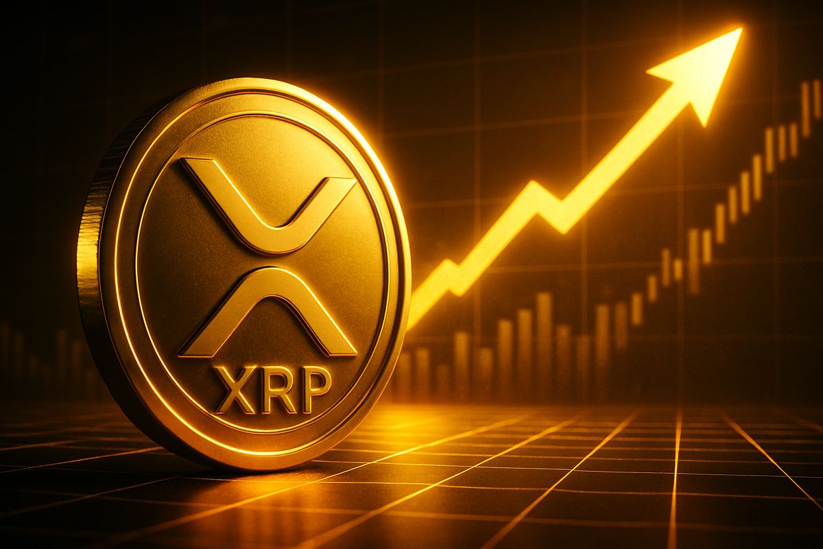 A golden XRP coin with a 3D metallic look is displayed prominently on the left. Behind it, a glowing