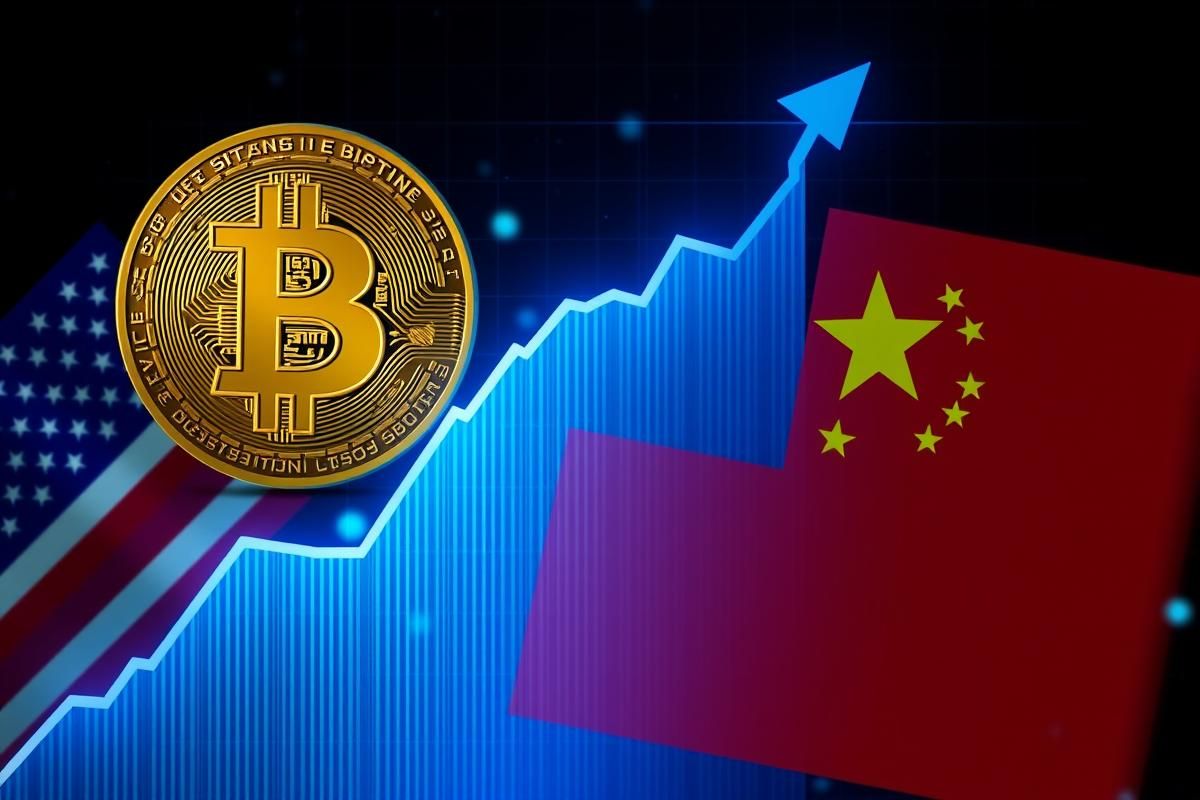 กราฟราคา Bitcoin พุ่งสูงขึ้น พร้อมธงชาติสหรัฐฯ และจีน