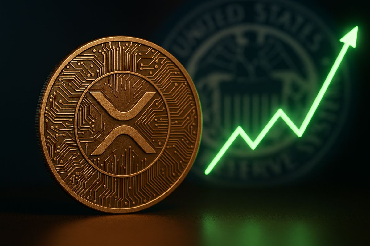 A bronze XRP coin with a digital circuit design in focus, a blurry US Federal Reserve seal in the ba
