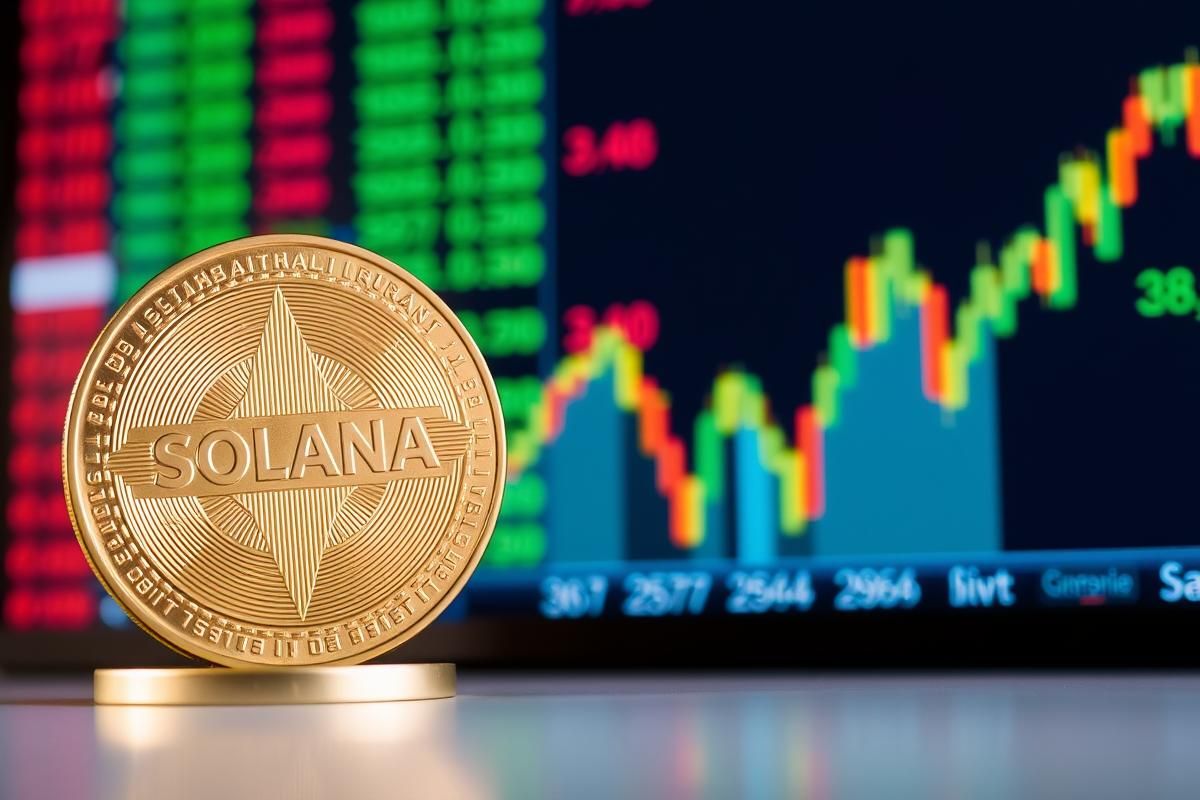 เหรียญ Solana วางอยู่ข้างหน้าจอแสดงกราฟราคาหุ้นของ ETF
